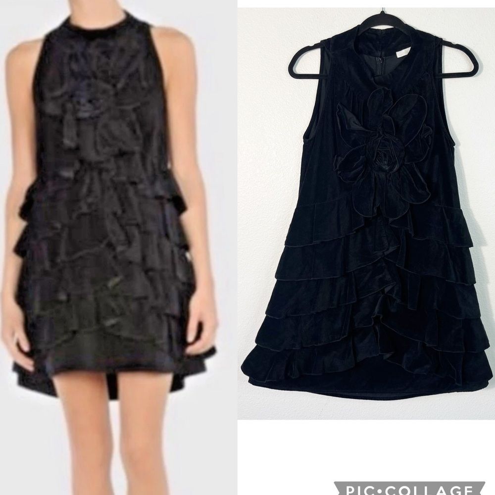VTG Anne Fontaine Velour Mini Shift Dress Polly Black High Neck Ruffle Size 6/8